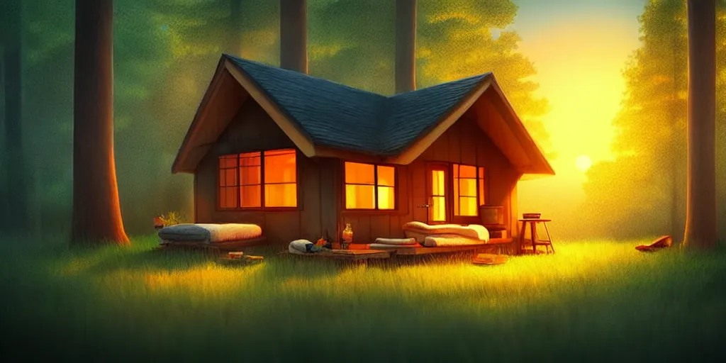 Image similar to a cozy little house in the woods, relaxing, 3 d concept art by scott zenteno, chill, relaxing, peaceful, sunset, extremely detailed art