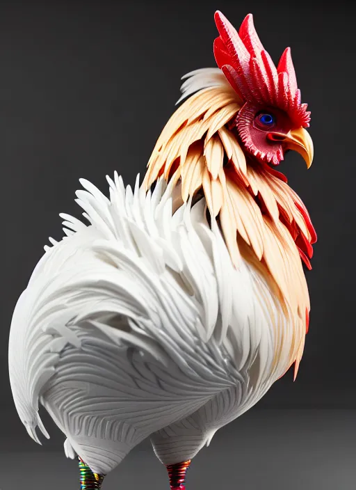 Image similar to hyper detailed ultra sharp portrait of a beautiful fashionable porcelain ivory cyberpunk scifi rooster, well contoured smooth colorful feathers, up close shot, sharp focus, global illumination, radiant light, black haute couture, alexandre ferra, irakli nadar, octane render, 4 k, ultra hd,