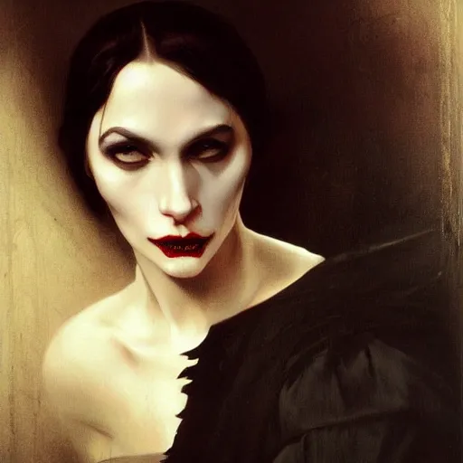 Image similar to Demonic beautiful vampire woman mistress of death mourning widow vintage gown with a faint smile dark lipstick, emerging from dark fog and smoke, colourful trending artstation, detailed portrait academic caravaggio Bouguereau, sharp focus medium shot