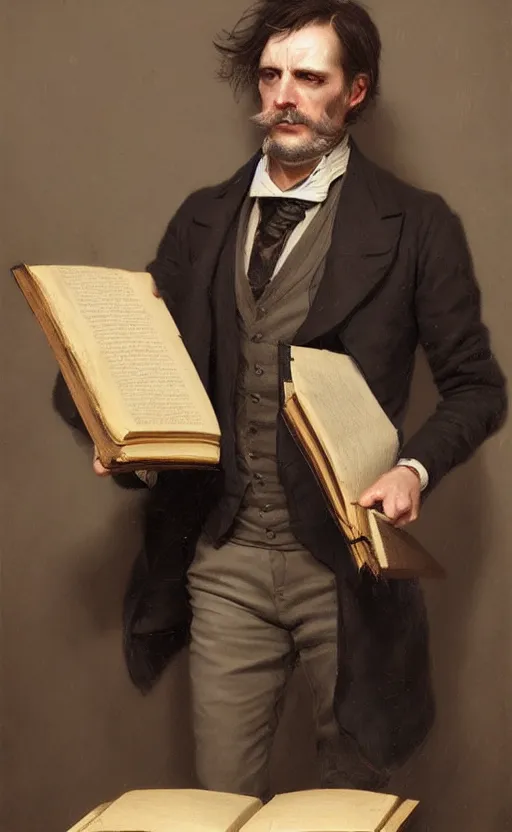 Prompt: portrait of a middle aged victorian gentleman, holding a large book, dressed in suit and waistcoat, male, detailed face, victorian, highly detailed, cinematic lighting, digital art painting by greg rutkowski