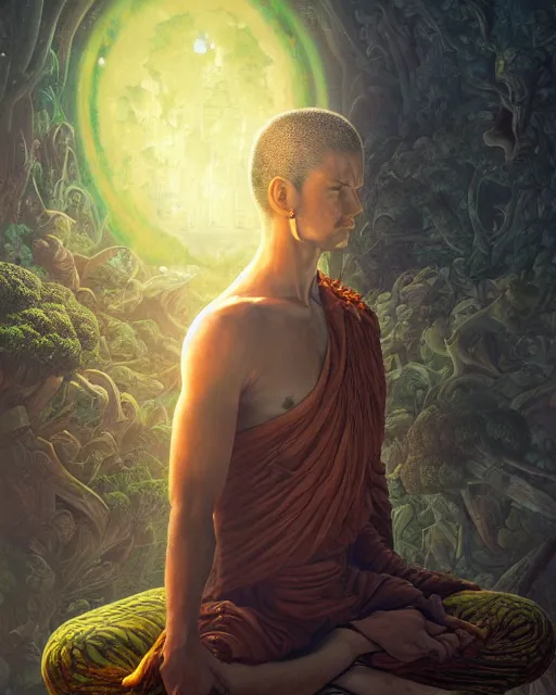 Image similar to detailed photo of meditating broccoli monk, beautiful, 8 k, by tristan eaton, stanley artgermm, tom bagshaw, greg rutkowski, carne griffiths, trending on deviantart, hyper detailed, glorious lighting, epic environment