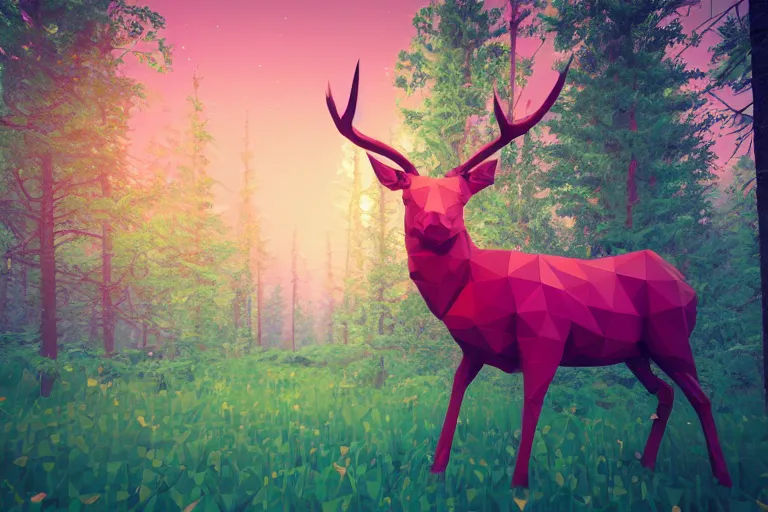 Image similar to super detailed color lowpoly art, red deer in an undergrowth, unreal engine, retrowave color palette, 3 d render, lowpoly, colorful, digital art, perspective