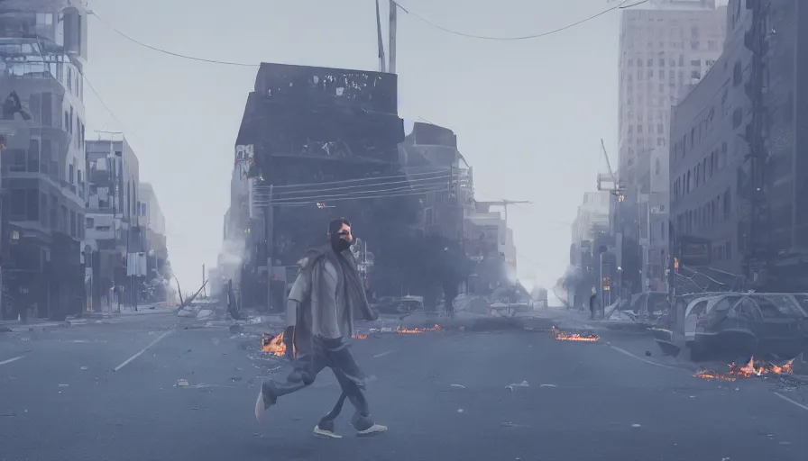 Prompt: bearded man crossing streets of destroyed washington dc city, evening, blackout, fire in barrels, food storage, hyperdetailed, artstation, cgsociety, 8 k