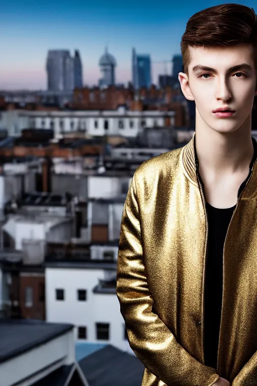 Image similar to un ultra high definition studio quality photographic art portrait of a young man standing on the rooftop of a british apartment building wearing soft padded silver pearlescent clothing. three point light. extremely detailed. golden ratio, ray tracing, volumetric light, shallow depth of field. set dressed.