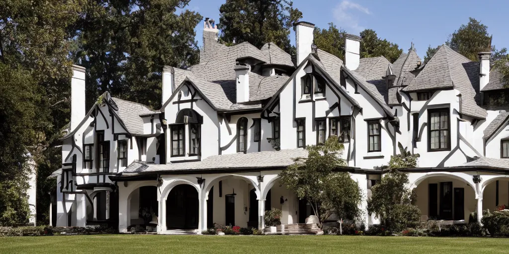 Image similar to stucco tudor with wood and tile white black mansion by mcalpine house, by jackson & leroy architects