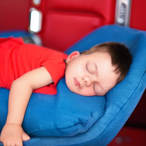 Image similar to small firefighter, asleep on blue reclining chair, dark hair