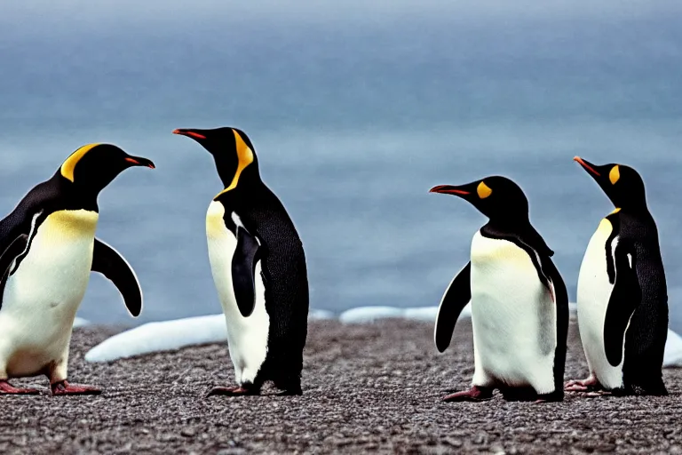 Prompt: penguins doing thier best homesteading