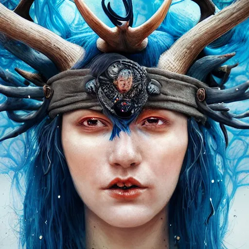 Image similar to A young female shaman, blue hair and antlers on her head. blindfolded, heilung, in the style of Heather Theurer, headshot photoshoot, insanely detailed and intricate, beautiful, elegant, cinematic toplight, portrait, headroom, artstation, made by karol bak