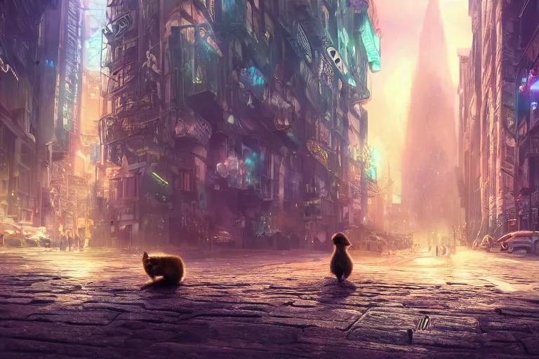 Prompt: a beautiful illustration of cute little creature lost in the big city, fantasy, epic lighting, cinematic composition, hyper realistic, 8 k resolution, unreal engine 5, artstation
