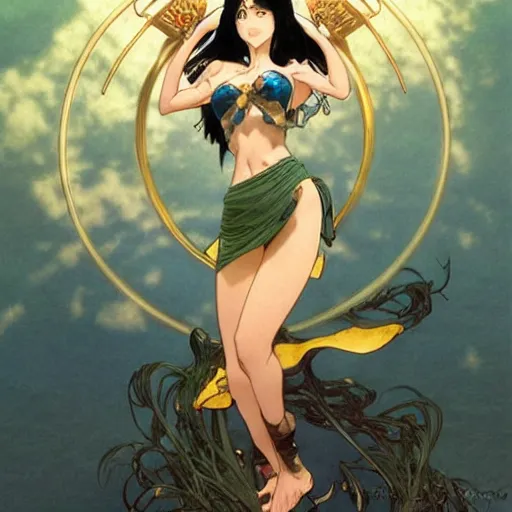 Image similar to highly detailed vfx portrait of nico robin by eiichiro oda, makoto shinkai, alphonse mucha, sharp focus, art by artgerm and greg rutkowski!, backlit, harsh overhead sunlight, blue eyes, takeshi obata, kaoru mori, tsutomu nihei, hayao miyazaki, pixiv, fanbox,