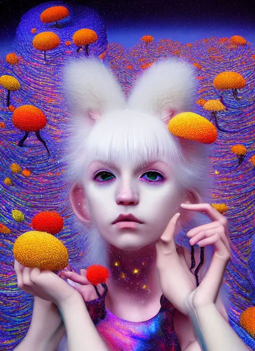 Image similar to hyper detailed 3d render like a Oil painting - kawaii portrait Aurora (white haired Singer Ferret) seen Eating of the Strangling network of yellowcake aerochrome and milky Fruit and Her delicate Hands hold of gossamer polyp blossoms bring iridescent fungal flowers whose spores black the foolish stars by Jacek Yerka, Mariusz Lewandowski, Houdini algorithmic generative render, Abstract brush strokes, Masterpiece, Edward Hopper and James Gilleard, Zdzislaw Beksinski, Mark Ryden, Wolfgang Lettl, hints of Yayoi Kasuma, octane render, 8k