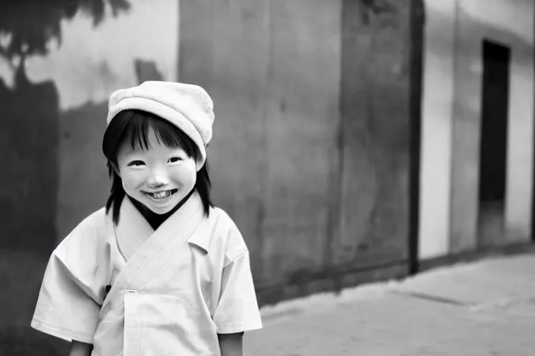 Image similar to still photo of a japanese child smiling at the camera on the street, black and white color aesthetic, highly detailed, photorealistic portrait, bright studio setting, studio lighting, crisp quality and light reflections, unreal engine 5 quality render