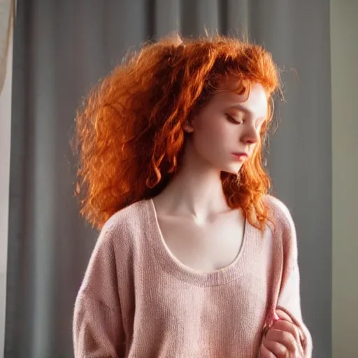 Image similar to a half body shot of a cute beautiful french girl, with curly red hair and a relaxing outfit, hyper realistic, soft lighting, intricate