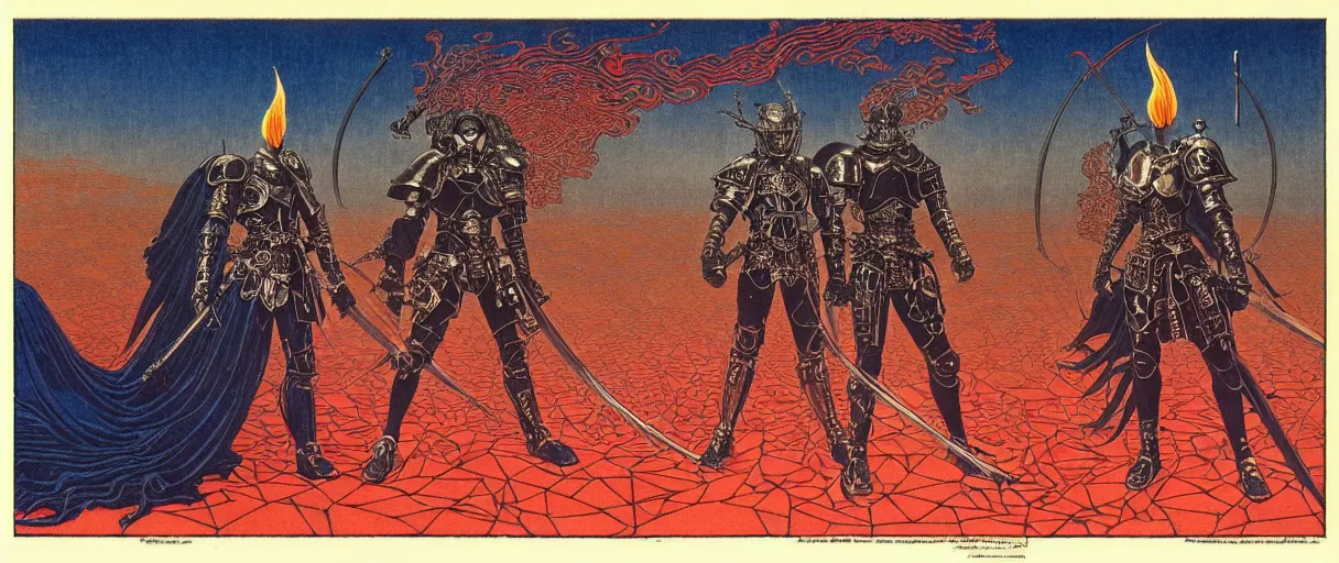 Prompt: composition of gothic and futuristic, warhammer, cyber japan samurai armor, more and more scars, fireerstorm, red head, yelow and blue, the middle ages, highly detailed, artstation, in the style of moebius, jugendstil and classic japanese print, art by jean delville and rene magritte