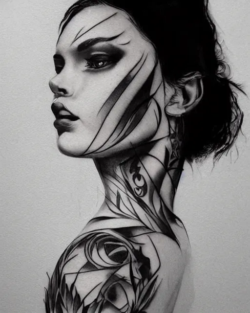 Image similar to tattoo design sketch of a beautiful woman face next to a faded background of beautiful mountains on her side, hyper - realistic, in the style of den yakovlev, amazing detail, black and white