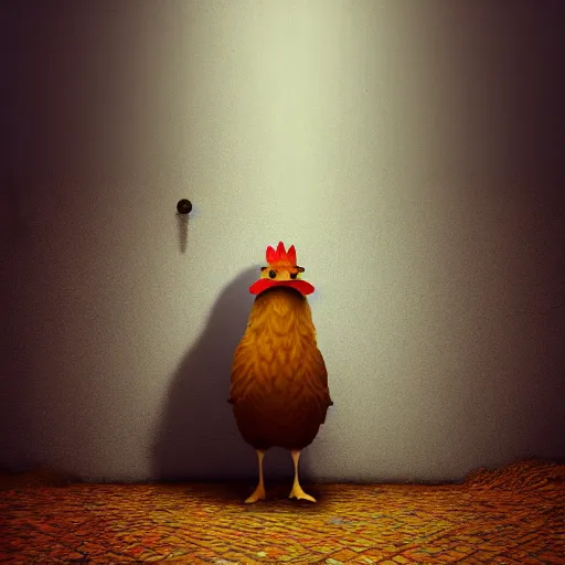 Image similar to man dressed as a chicken hiding behind a corner, digital art, trending artstation, concept art, award winning photo