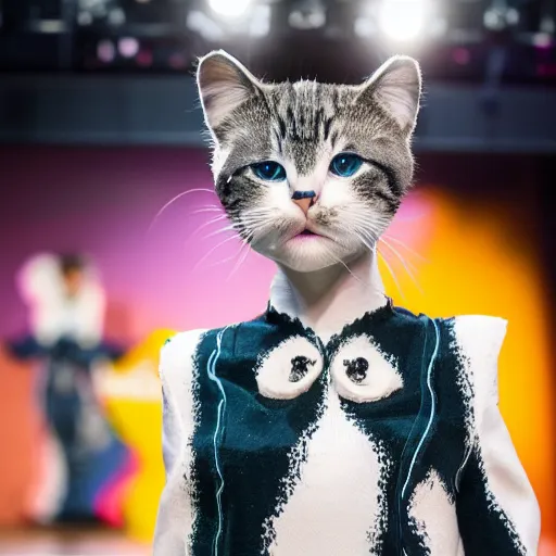 Prompt: cats on a catwalk wearing designer cloth, stage lighting 4k