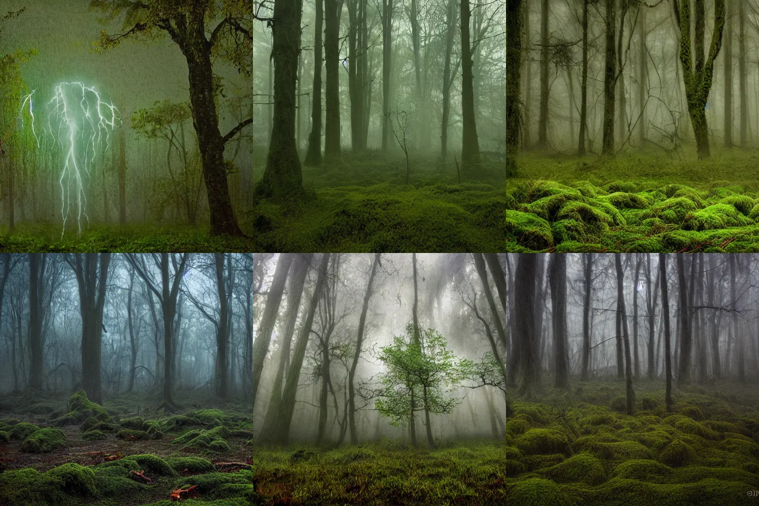 Prompt: ball lightning floating through a mossy forest, fog, realistic, raining,
