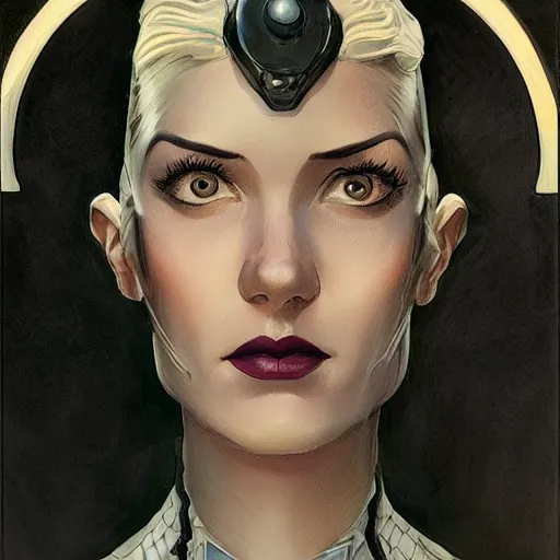 Image similar to a streamline moderne, ( art nouveau ), ( ( dieselpunk ) ) portrait in the style of charlie bowater, and in the style of donato giancola, and in the style of charles dulac. intelligent face. symmetry, ultrasharp focus, dramatic lighting, semirealism, intricate symmetrical ultrafine background detail.