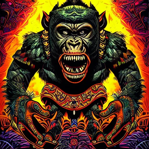 Prompt: barong family member, wiwek, mara demon, one single tribe member, jungle, one single mask, dark, ancient warrior, grumpy gorilla, lizard, tribal, inner glow, art by dan mumford and justin gerard