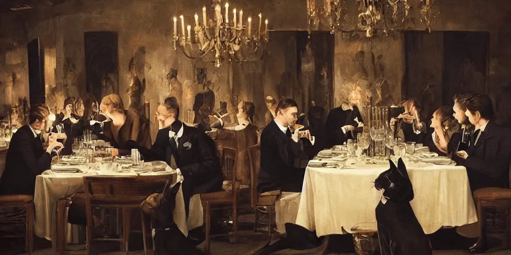 Prompt: sophisticated cats and dogs wearing suits and dresses eating dinner at a fancy restaurant, very atmospheric lighting, award winning photo, masterpiece