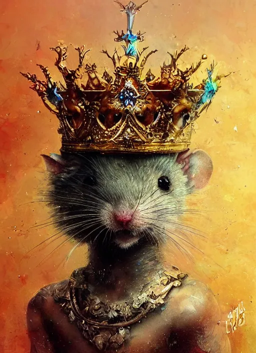 Image similar to a humanoid animal king mouse with a crown, atmospheric beautiful by stanley artgerm, tom bagshaw, arthur adams, carne griffiths, trending on deviant art, street art, chillwave, maximalist, full of color, glittering, 8 k, hd