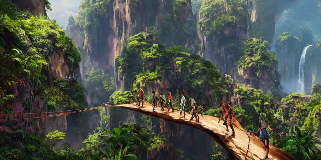 Image similar to wide angle view of colorful clothing fashion models crossing a suspended rope bridge over a deep canyon, mountainous jungle setting, trees, waterfall, river, rocks, dramatic lighting, highly detailed, artstation, unreal engine, matte painting in the style of craig mullins, Uncharted 4, fish eye lens, 8k HDR