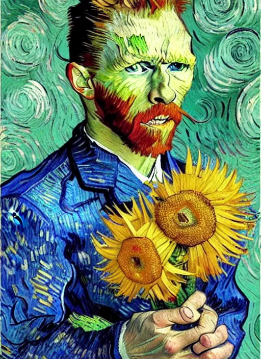 Image similar to hyper realistic vincent van gogh holding a flower drawn by chiara bautista and norman rockwell and greg rutkowski weta studio, and lucasfilm