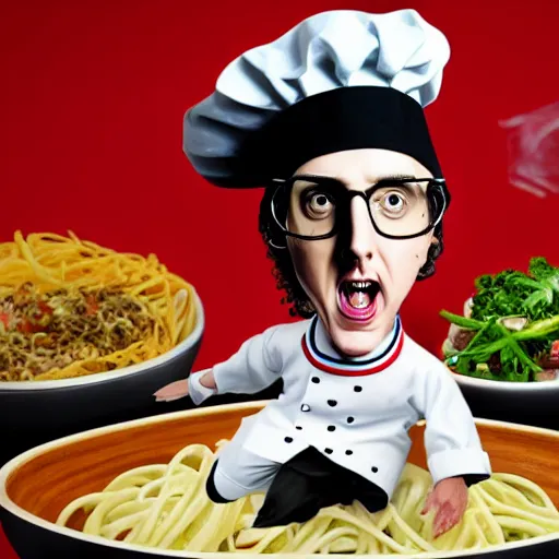 Image similar to a crazed weird al wearing a chef's hat and uniform with half of his lower body inside a bowl of alfredo, realistic, hyperrealistic, ultra realistic, real, real world, highly detailed, very detailed, extremely detailed, intricate details, 8 k resolution, hd quality