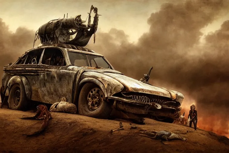 Image similar to full color hd photo of a mad max vehicle, octane render 4 k, by hieronymus bosch, joel peter witkin, annie liebovitz. gustave dore, hr giger, zdzisław beksinski, epic, artstation, cgisociety, weta, disney