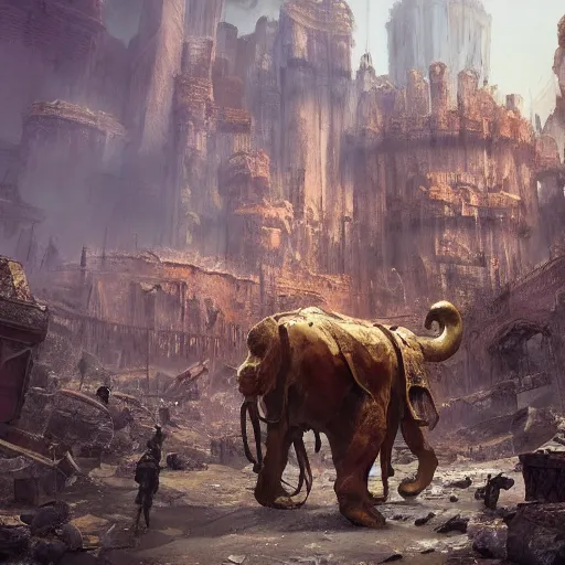 Image similar to golden mammoth in a ruined city, stylized, artstation, hd, cgsociety, cgi, realistic, dramatic, cinematic, artistic, trending, detailed