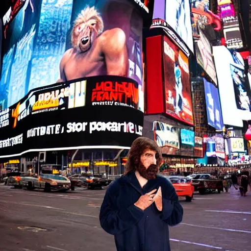 Prompt: a neanderthal caveman confused in times square