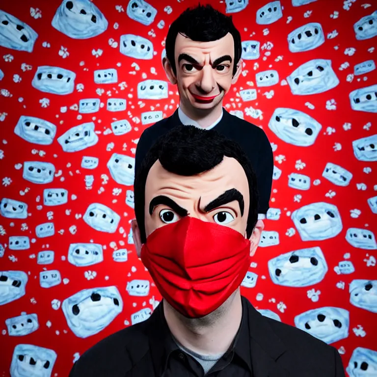 Image similar to focused dslr medium shot photograph of nathan fielder from nathan for you on comedy central wearing a paper mache mask of nathan fielder's face on a stage with a red curtain, meta, fractal, trippy, high detail!!! 8 k!!!!, photorealism!!!, sharp focus!!! coherent!!!