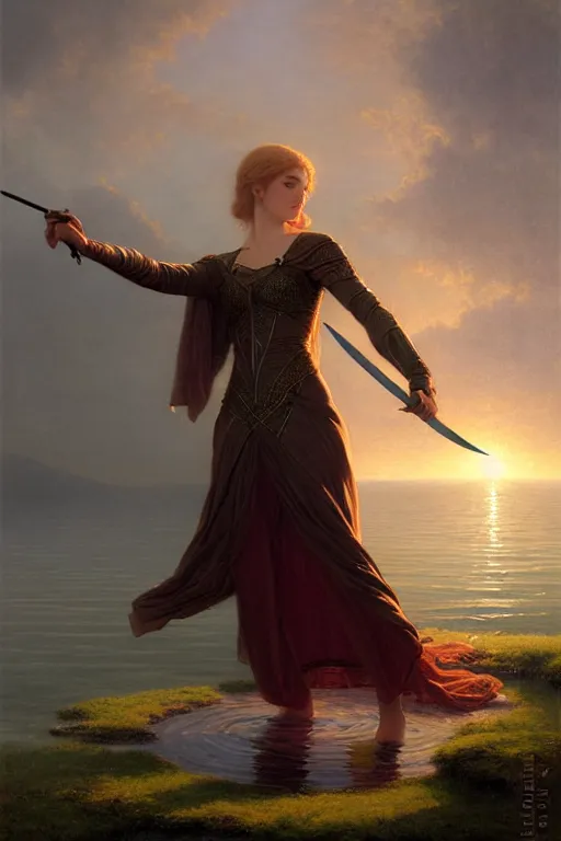 Image similar to a portrait of a sorceress dropping a sword into the lake, illustration, soft lighting, soft details, painting oil on canvas by Edmund Blair Leighton and Charlie Bowater