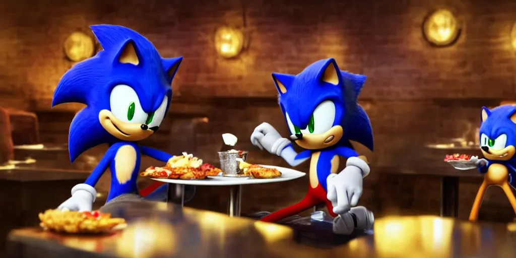Image similar to A render of Sonic the Hedgehog sitting across from Shadow the Hedgehog in a dark restaurant, Sonic looks like he is shocked, Shadow is looking away in disgust, they both have hamburgers in front of them on a plate, movie, HDR, moody lighting, unique camera angle from the end of the table and between the two of them, orange candle lighting is glowing on their faces, romantic scene