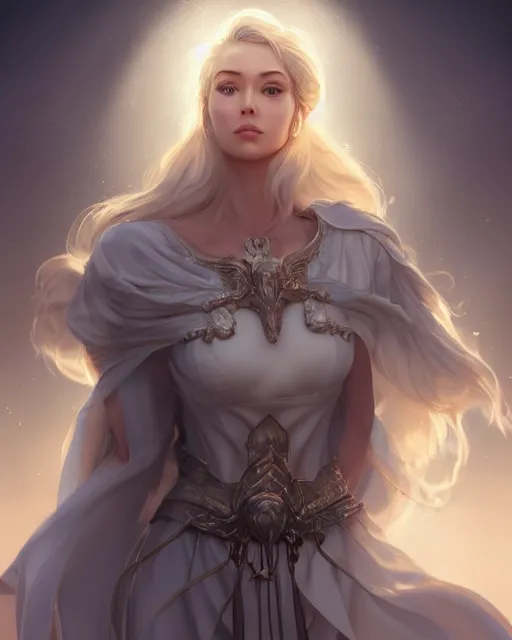 Image similar to a beautiful female cleric, ethereal, dreamy, backlit, highly detailed, stern expression, realistic lighting, sharp focus, windswept, rule of thirds, by artgerm, wlop, rossdraws, frank frazetta, andrei riabovitchev, trending on artstation, hd, 4 k, fantasy