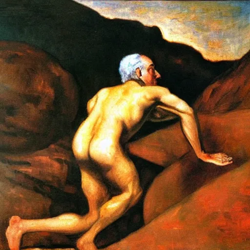 Image similar to a painting of benjamin netanyahu as sisyphus, by franz stuck