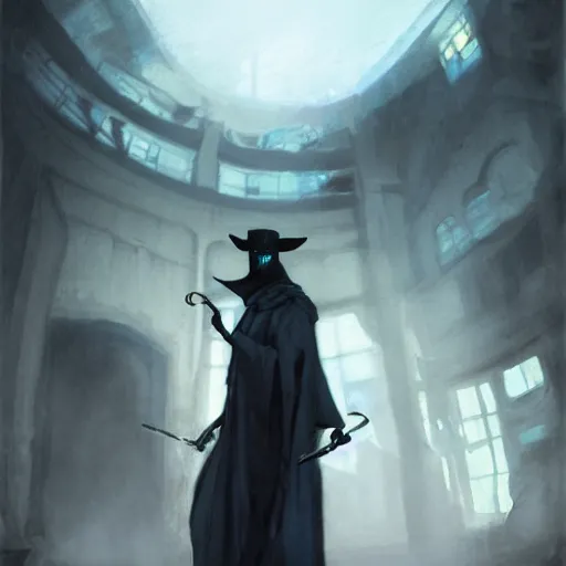 Image similar to a color pencil sketch of a mysterious plague doctor with a white mask wearing a blue wisards robe, concept art, by greg rutkowski and makato shinkai, by melmoth zdzislaw belsinki craig mullins yoji shinkawa, black light, semi - realistic render, pencil, paint smears, realistic manga, dramatic lighting, d & d design