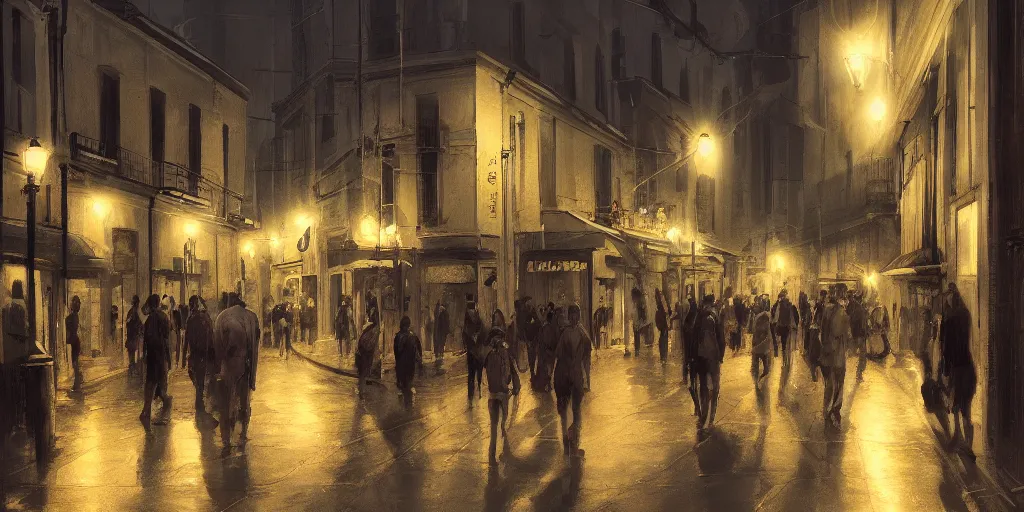 Prompt: cadiz street at night, crowded, 8K, trending on artstation, golden ratio, rule of thirds, low key, establishing shot, extremely high detail, concept art