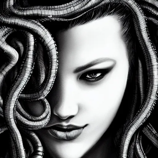 Image similar to medusa portrait painting, black and white, wicked grin, artstation, detailed, blurred background