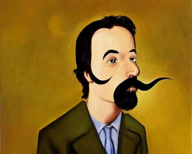 Image similar to a surreal painting of a young man with a handlebar mustache smoking a joint