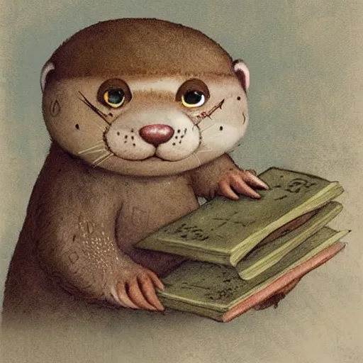 Image similar to a medieval otter abbot reading his book, fantasy concept art by nicoletta ceccoli, mark ryden, lostfish, max fleischer