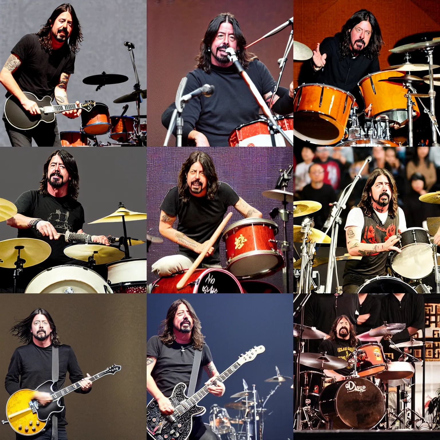 Prompt: dave grohl playing drums to audience of marmots, ancient chinese text