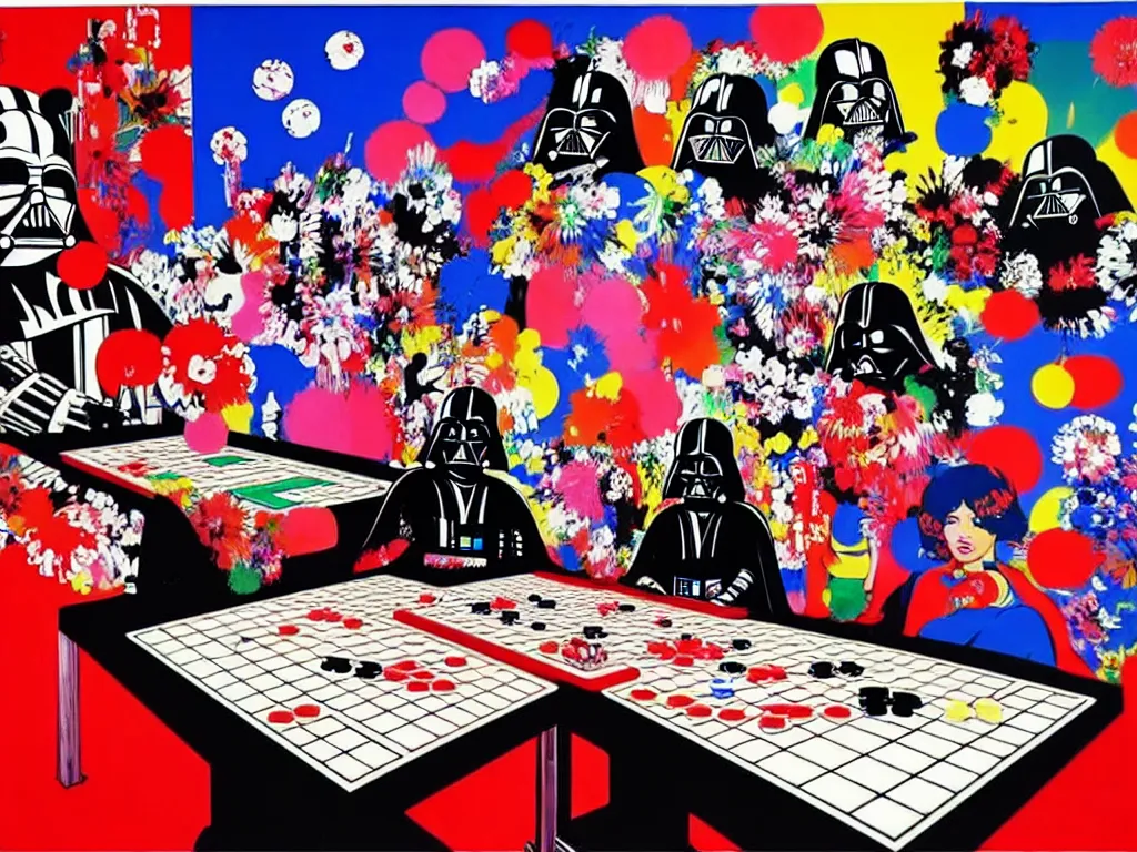 Image similar to hyper - realistic composition of a large room with an extremely detailed poker table in the center, woman in traditional japanese kimono standing nearby, darth vader sitting at the table, fireworks in the background, pop art style, jackie tsai style, andy warhol style, acrylic on canvas, dull palette