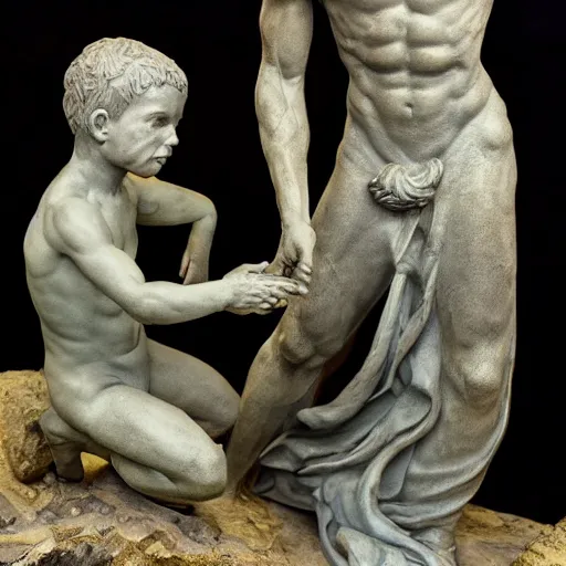 Image similar to statue of Saturno devorando a su hijo, sculpted by HR Geiger, Geiger art, extremely detailed, background is a low light museum, 4k