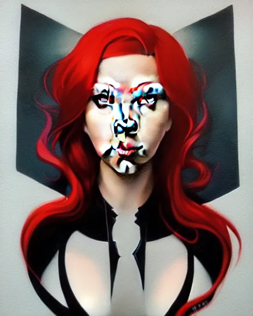 Image similar to peter mohrbacher, phil noto, artgerm, pretty scarlett johansson black widow, symmetrical eyes, long red hair