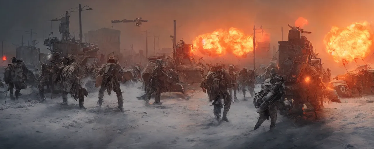 Image similar to digital art, trending on artstation, battle of gypsy clans in a nuclear winter, cinematic, cinematic lighting, octane render, motion blur, highly detailed