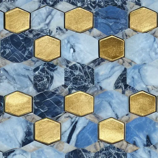 Image similar to an abstract intricately carved marble set with gold flourishes and diamonds of various colors in the form of hexagons against a blue ornate background