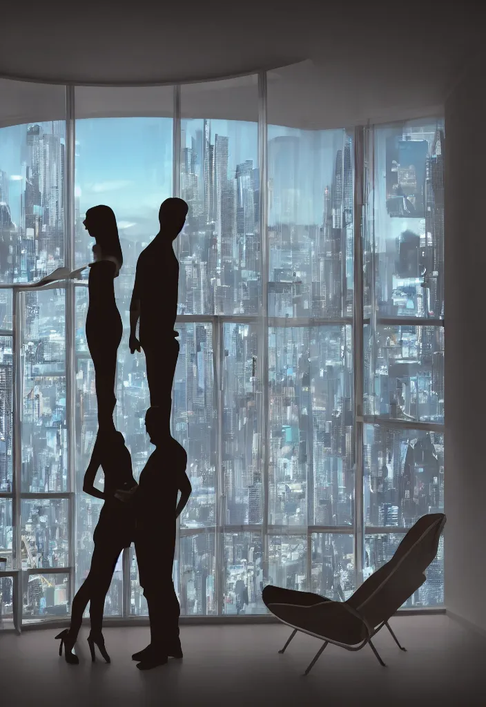 Image similar to silhouette of a couple in a futuristic appartment, window with a futuristic city, rossdraws, global illumination, radiant light, detailed and intricate environment