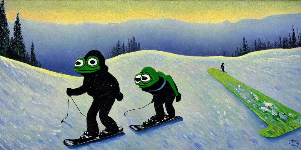 Image similar to pepe the frog snowboarding, gloomy landscape, expressive oil painting by christopher radlund and camille pissaro